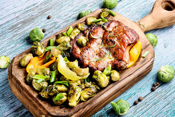 Meat steak with brussels sprouts