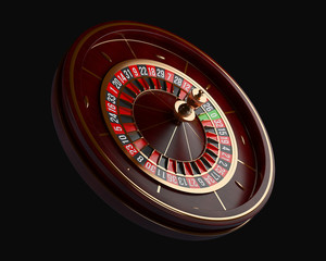 Luxury Casino roulette wheel isolated on black background. Wooden Casino roulette 3d rendering...