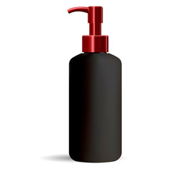 Black matt cleanser dispenser pump bottle with glossy red lid. Cosmetic package mockup. Vector illustration design template.