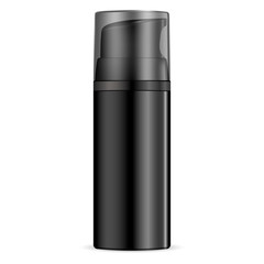 Black mens cosmetics moisturizer dispenser bottle with transparent lid. Realistic shaving foam can. 3d vector illustration template.