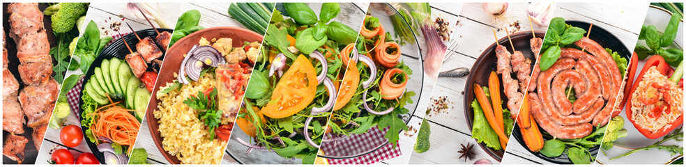 Collage of dishes. Salads, snacks, and meat dishes and fish. On a wooden background. Top view.