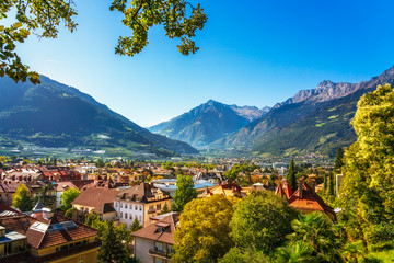 Obraz na płótnie Canvas Merano or Meran view from Tappeiner promenade. Trentino Alto Adige Sud Tyrol, Italy.