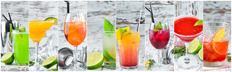 Collage. Colored Alcoholic Cocktails. Top view. On a wooden background.