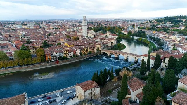 Verona skyline aerial view olf old town and arena at sunrise Italy city.
