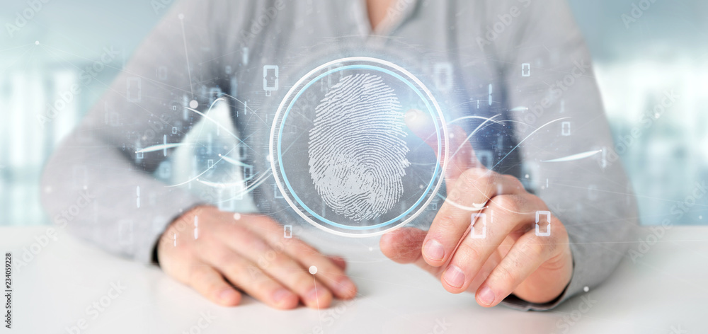 Poster businessman holding a digital fingerprint identification and binary code 3d rendering