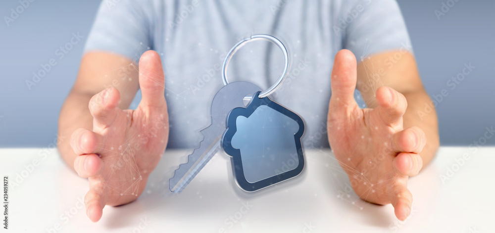 Poster man holding a key and house 3d rendering