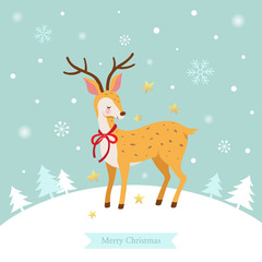 Merry Christmas greeting card.Winter deer on Snowy winter background