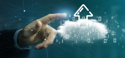 Businessman holding a Binary cloud with upload internet arrow 3d rendering