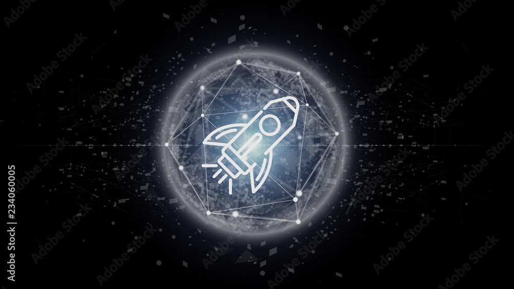 Poster Launch of a start up with a rocket on a sphere