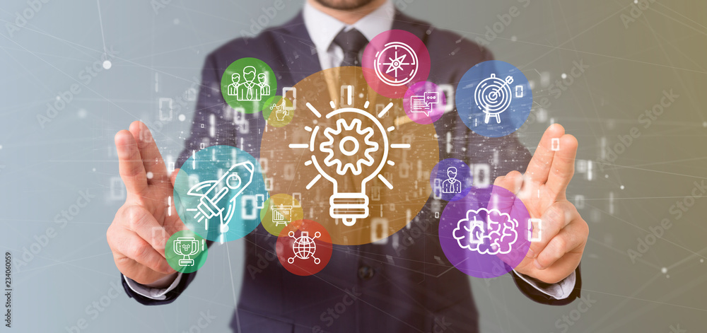 Poster cloud of colorfull start up icon bubble with data businessman holding a binary 3d rendering
