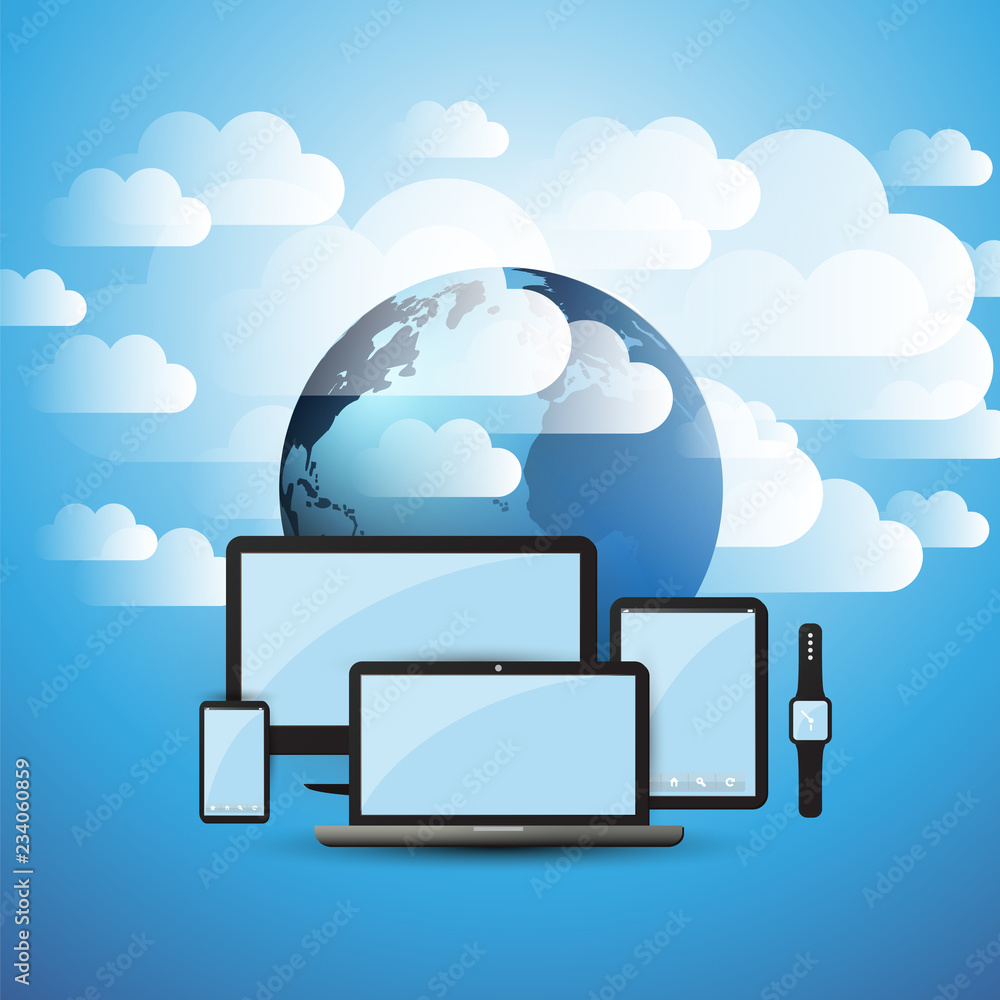 Poster cloud computing design concept - digital connections, technology background with electronic devices,