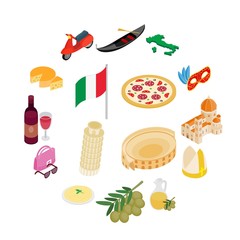 Italy isometric 3d icons set isolated on white background