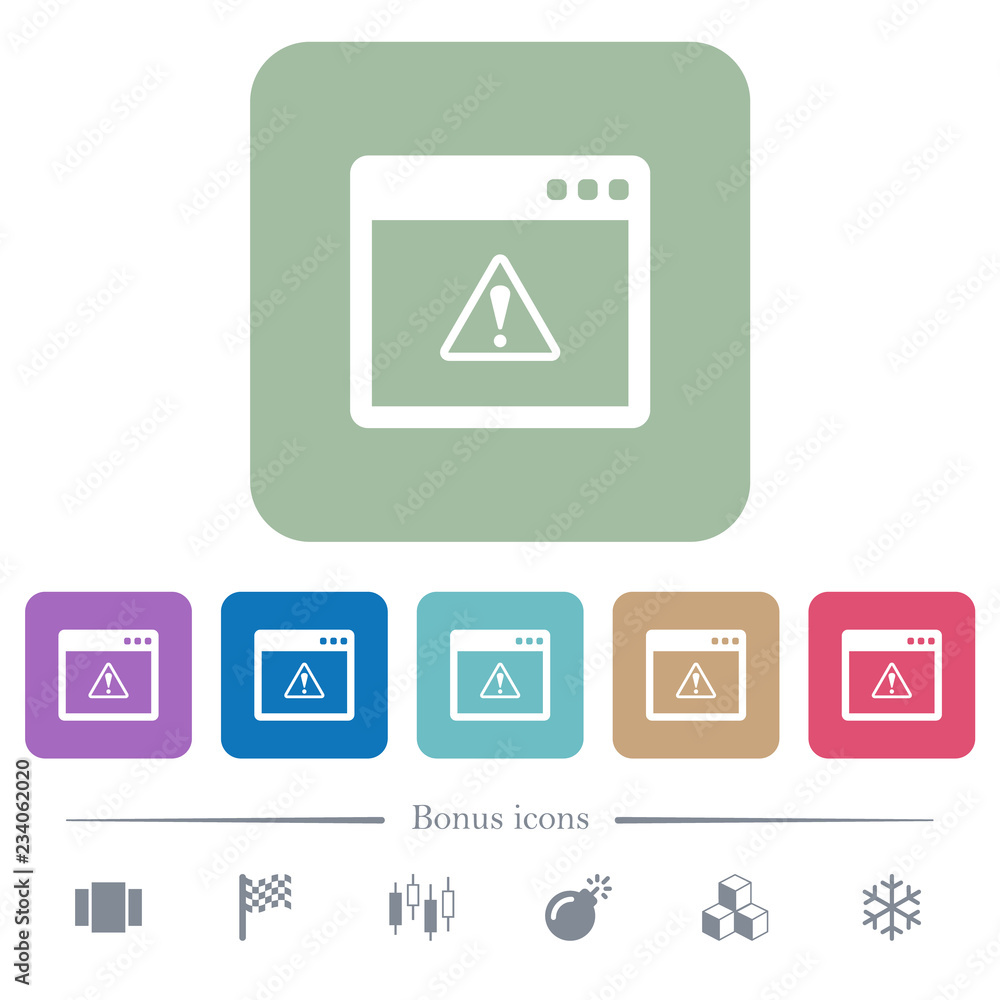 Poster application warning flat icons on color rounded square backgrounds