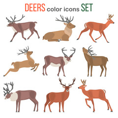 Deer in various poses color flat icons set