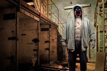 Fototapeta na wymiar Evil Demon Zombie Ghost Monster With Knife In Derelict Factory