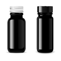 Black glass cosmetic bottles mockup set with black glossy and metallic lids. Pharmacy package for medical products. High quality eps10 vector illustration.