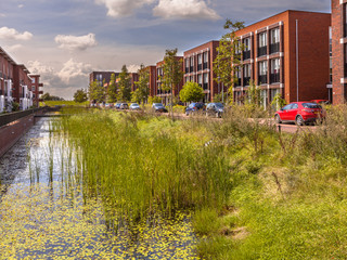 Fototapeta na wymiar Urban street with ecological river bank