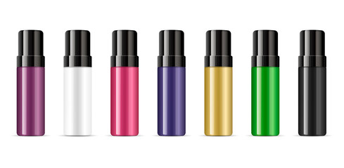 Obraz premium Deodorant cosmetic bottles with lids different color set. Vector illustration of cosmetics mockup product. Glossy plastic or glass container with black cap.