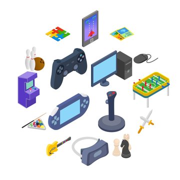 Games icons set in isometric 3d style isolated on white