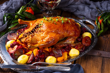 Tasty Duck roasted with thyme and Apple