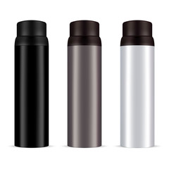 Men's deodorant spray aluminum can set in black, light grey and brown color. 3d Vector cosmetic bottles with round caps. Illustration, Isolated on background.