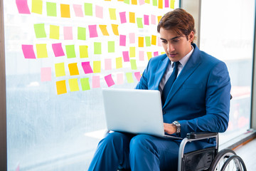Young handsome man in wheelchair with many conflicting prioritie