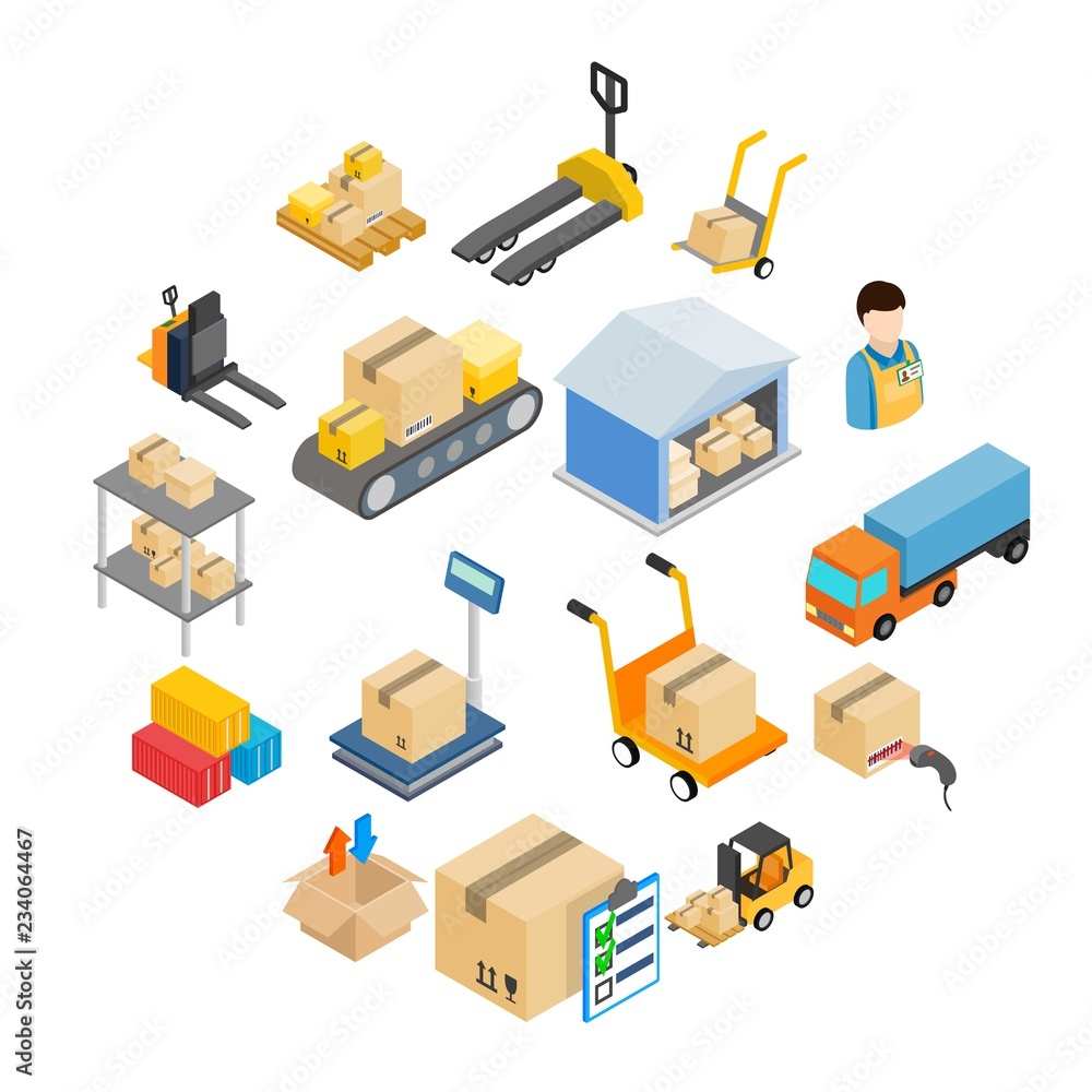 Poster warehouse logistic storage icons set in isometric 3d style on a white background
