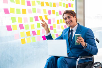 Young handsome man in wheelchair with many conflicting prioritie