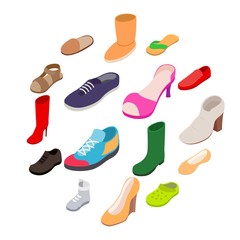 Shoes icons set in isometric 3d style. Footwear set isolated on white background