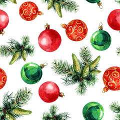 Christmas seamless pattern of balls and Christmas tree branches.