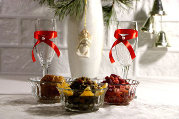 glasses of champagne and Christmas food