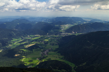 Fototapeta premium View from the ridge to the valley in Rax Alps