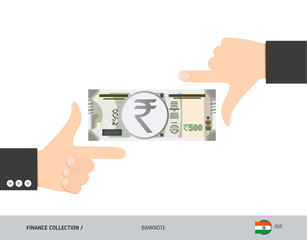 500 Indian Rupee Banknote. Business hands measuring banknote. Flat style vector illustration. Business finance concept.