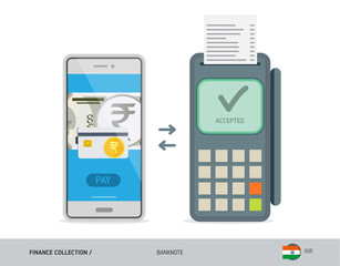 POS Terminal with 500 Indian Rupee Banknote. Flat style vector illustration. Finance concept.