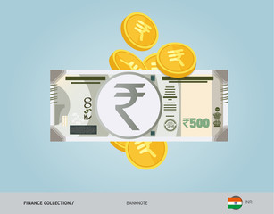 500 Indian Rupee Banknote with flying coins. Flat style vector illustration. Finance concept.