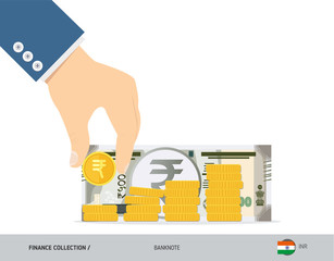 Hand putting coins to coin stack with 500 Indian Rupee Banknote. Flat style vector illustration. Growing graph. Finance concept.