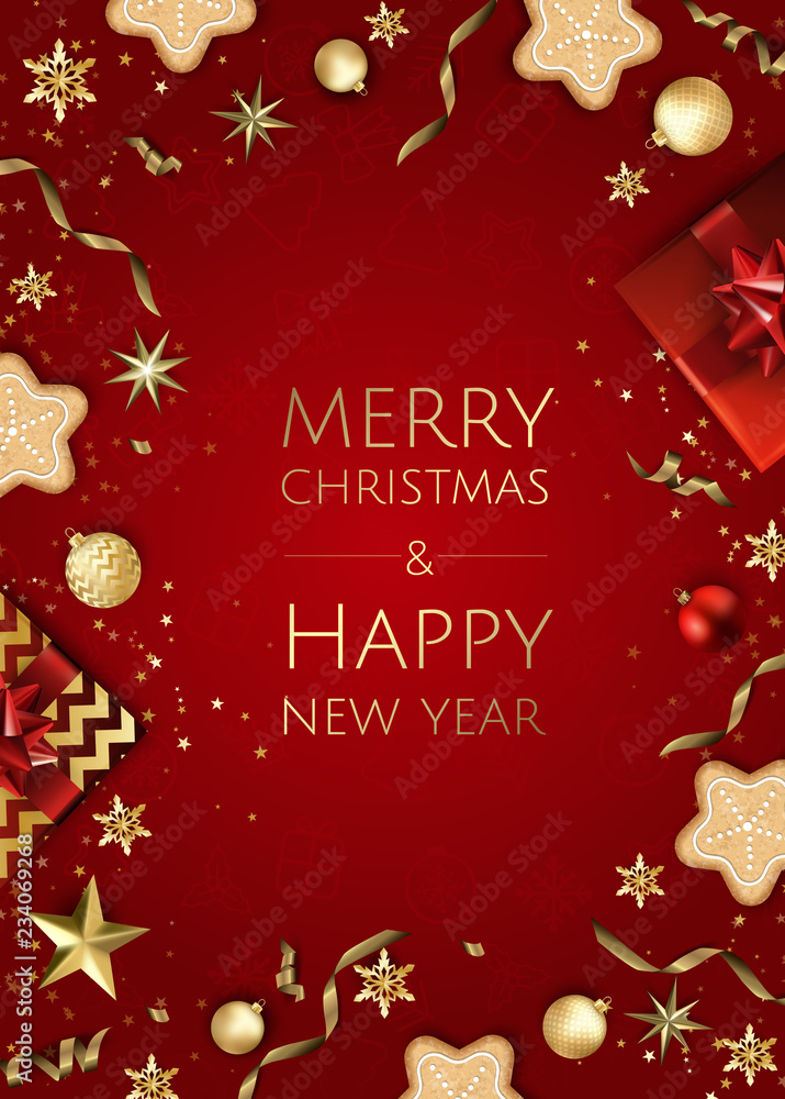 Wall mural christmas bright background with golden xmas decorations. merry christmas greeting card.