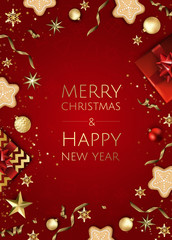 Fototapeta na wymiar Christmas bright background with golden Xmas decorations. Merry christmas greeting card.