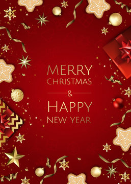 Christmas bright background with golden Xmas decorations. Merry christmas greeting card.