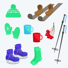 Winter set: skates, skis, hat, mittens, socks and warming drinks.
