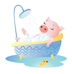 Aquarius. Zodiac symbol. Piggy taking a bath with foam and rubber duck. Chinese horoscope symbol 2019. Isolated on transparent background. Excellent for the design of postcards, posters, stickers etc.