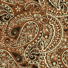 Paisley vector seamless pattern. Fantastic flower, leaves. Batik style painting. Vintage background