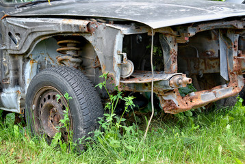 Fototapeta na wymiar Old rusty car. Beautiful photo of a bumper of an old rusty vehicle with green grass background. Broken and forgotten. An old discarded rusted out scrap car that has been abandoned on a farm.