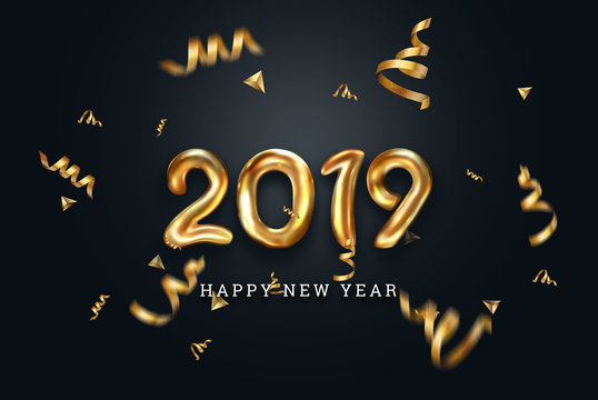 Creative background, Gold numbers Balloons on a dark background, 2019 Happy new year, Number Ball, Air Filled Balloon. New year balloon for decoration, celebration, congratulation. copy space.