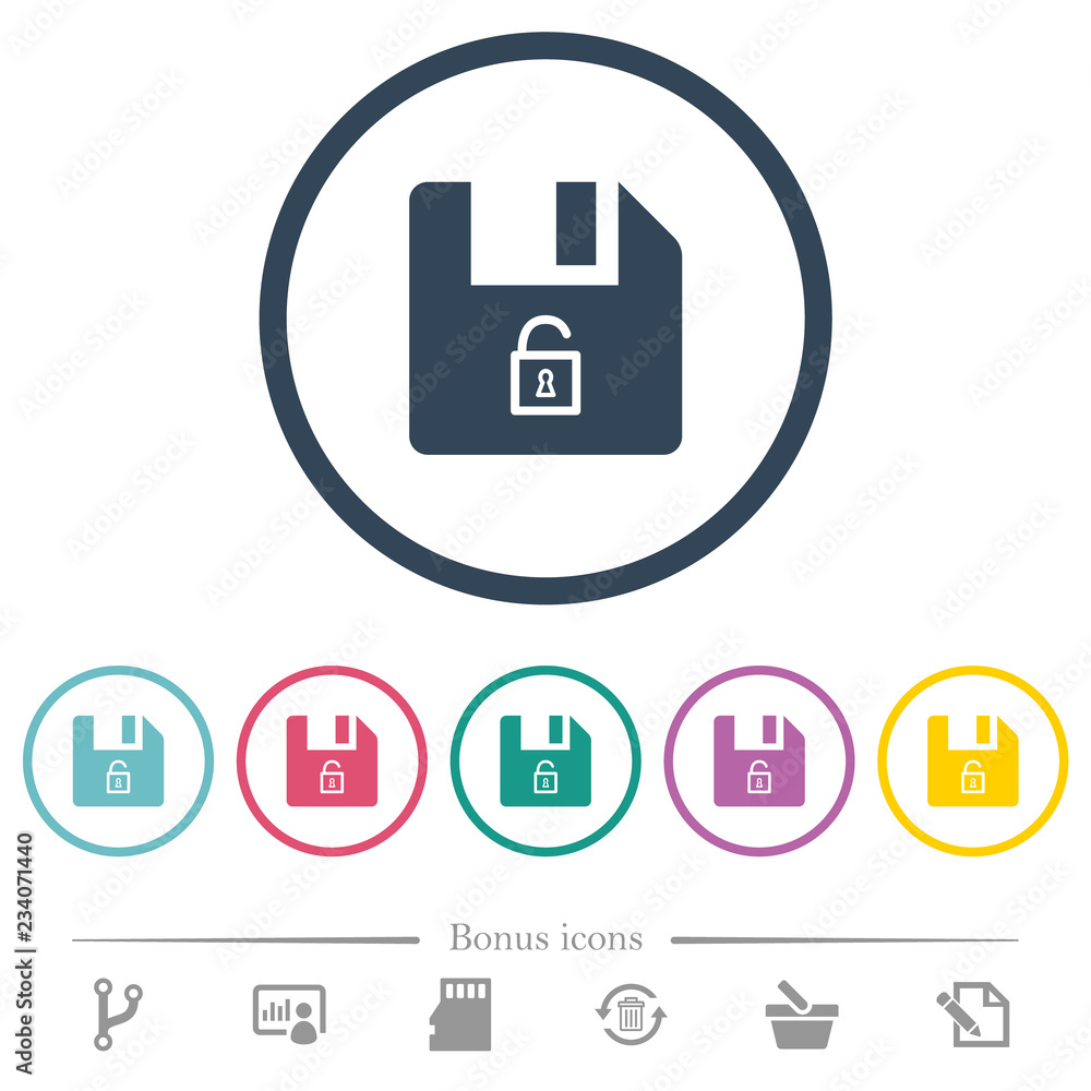 Poster unlock file flat color icons in round outlines