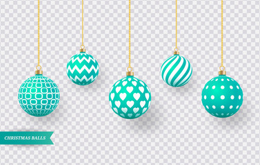 Set of realistic green Christmas balls with various patterns. Vector