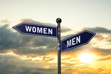 Obraz premium arrow road signs of words women and men on the sunset sky. 3D illustration