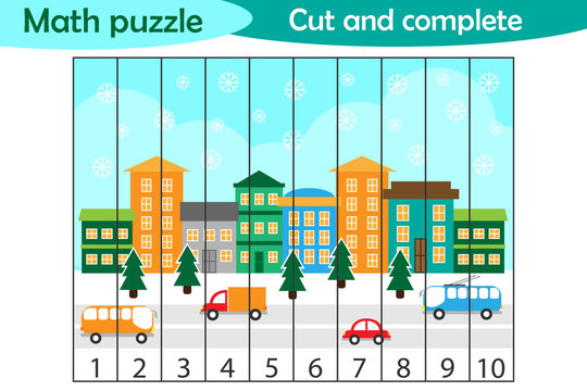 Math puzzle, xmas picture with snowy city in cartoon style, education game for development of preschool children, use scissors, cut parts of the image and complete the picture, vector illustration