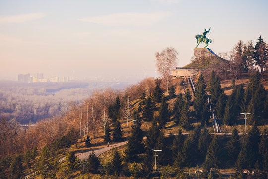 Monument to Salavat Yulayev, Ufa, Bashkortostan, Russia sunset, bird's eye view