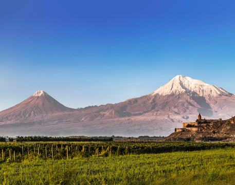 View of mount Ararat from Armenia and the monastery of Khor Virap with vineyards in the foreground
